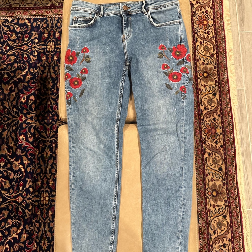 Zara Blue Skinny Jeans with Red Floral Embroidery